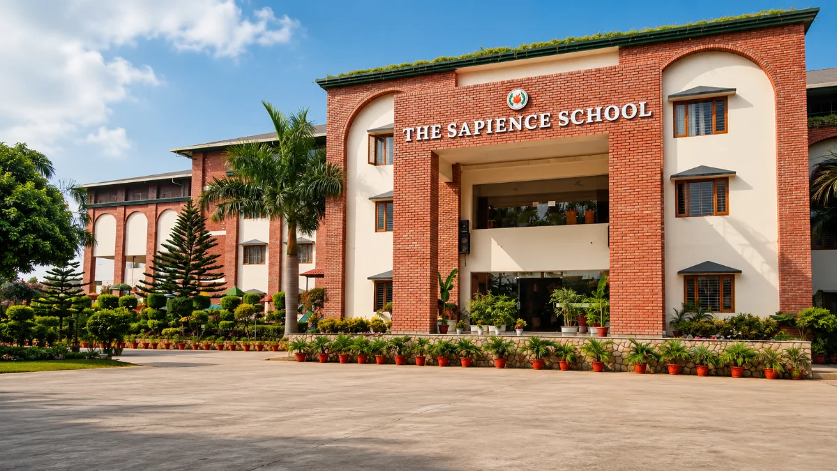 The Vikasnagar campus building and front lawn